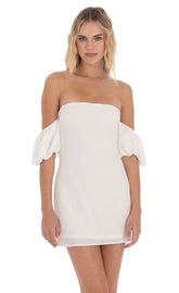 Off Shoulder Puff Sleeve Dress in White