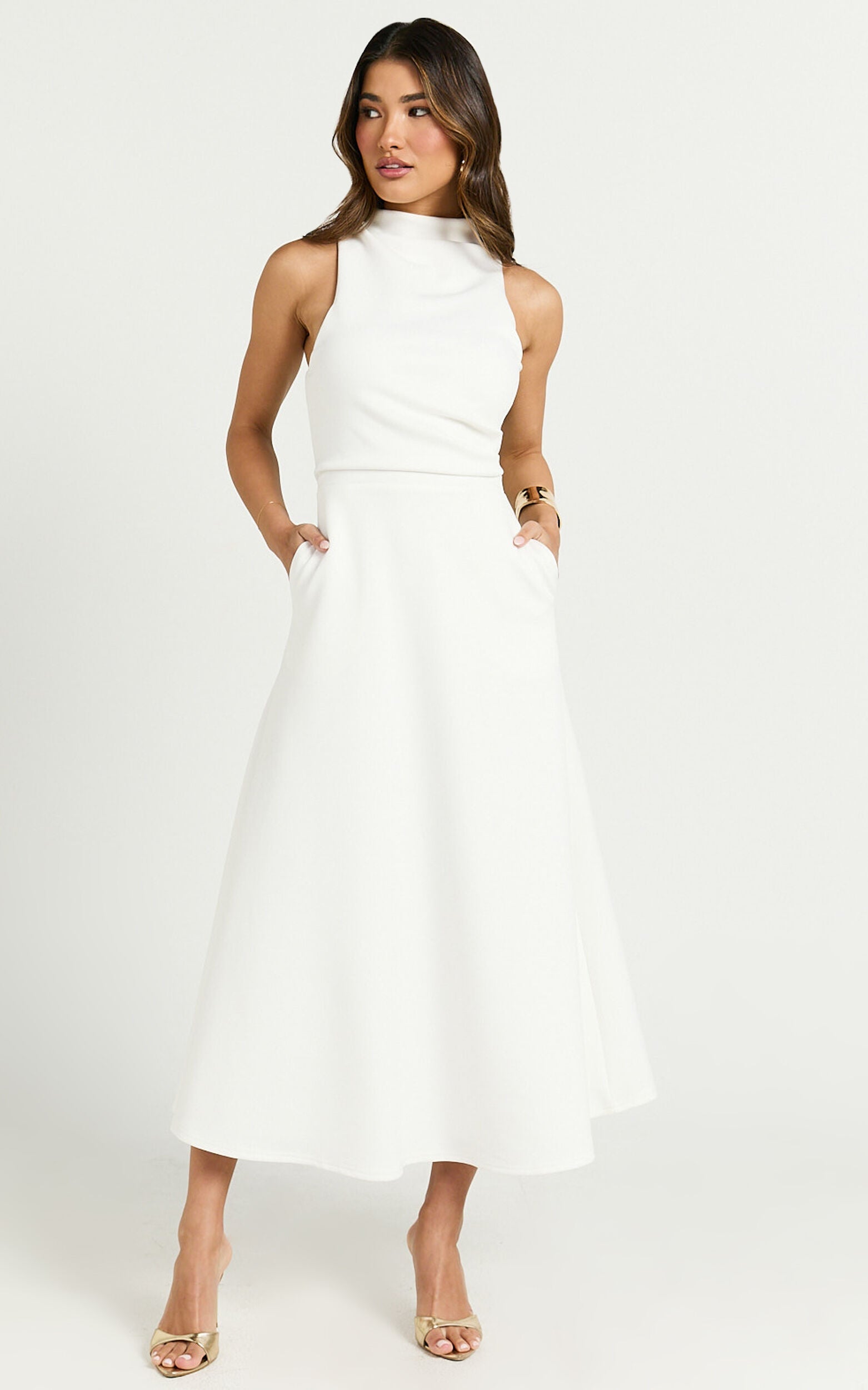 Macy Midi Dress - High Neck A Line Dress in Off White