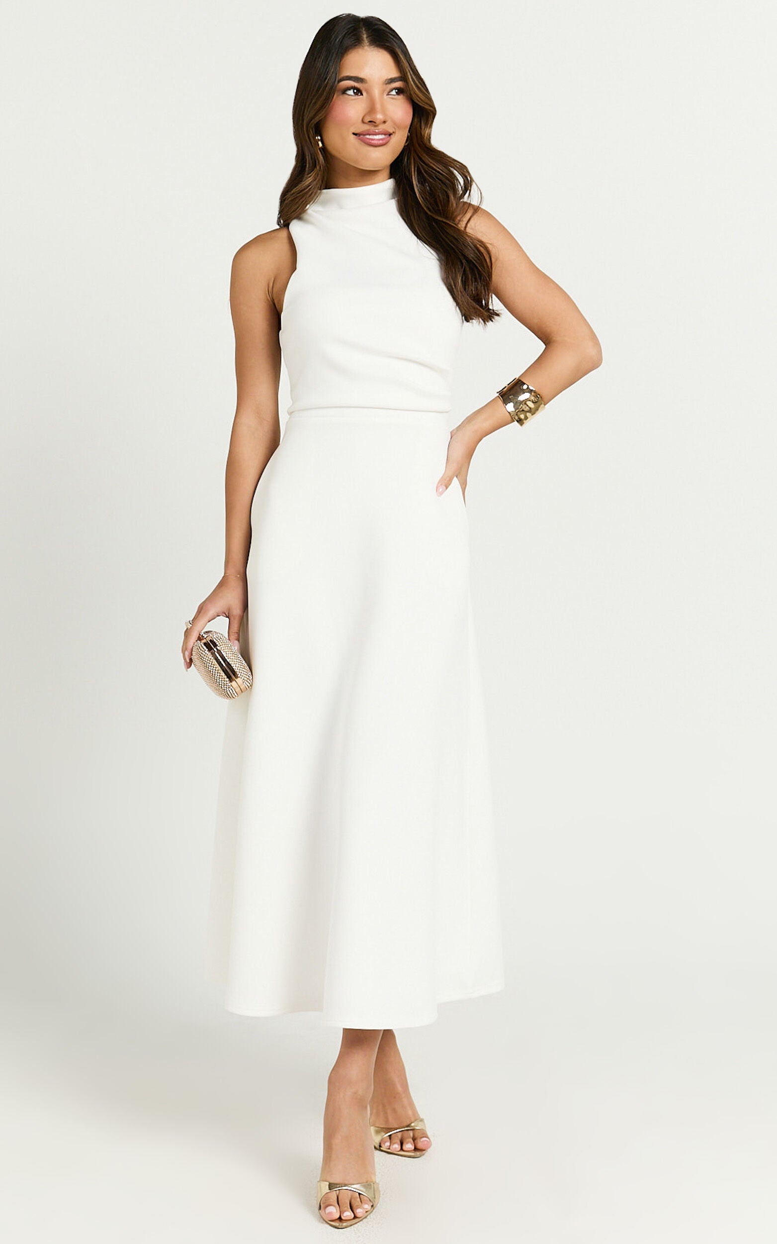 Macy Midi Dress - High Neck A Line Dress in Off White